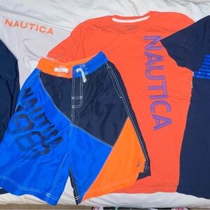 Nautica Orange and Blue Graphic Swim Set shorts tops shirts rashguard NEW